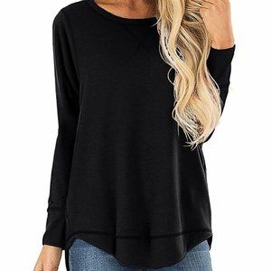 HIYIYEZI Womens O Neck Plain Side Split Loose Casu